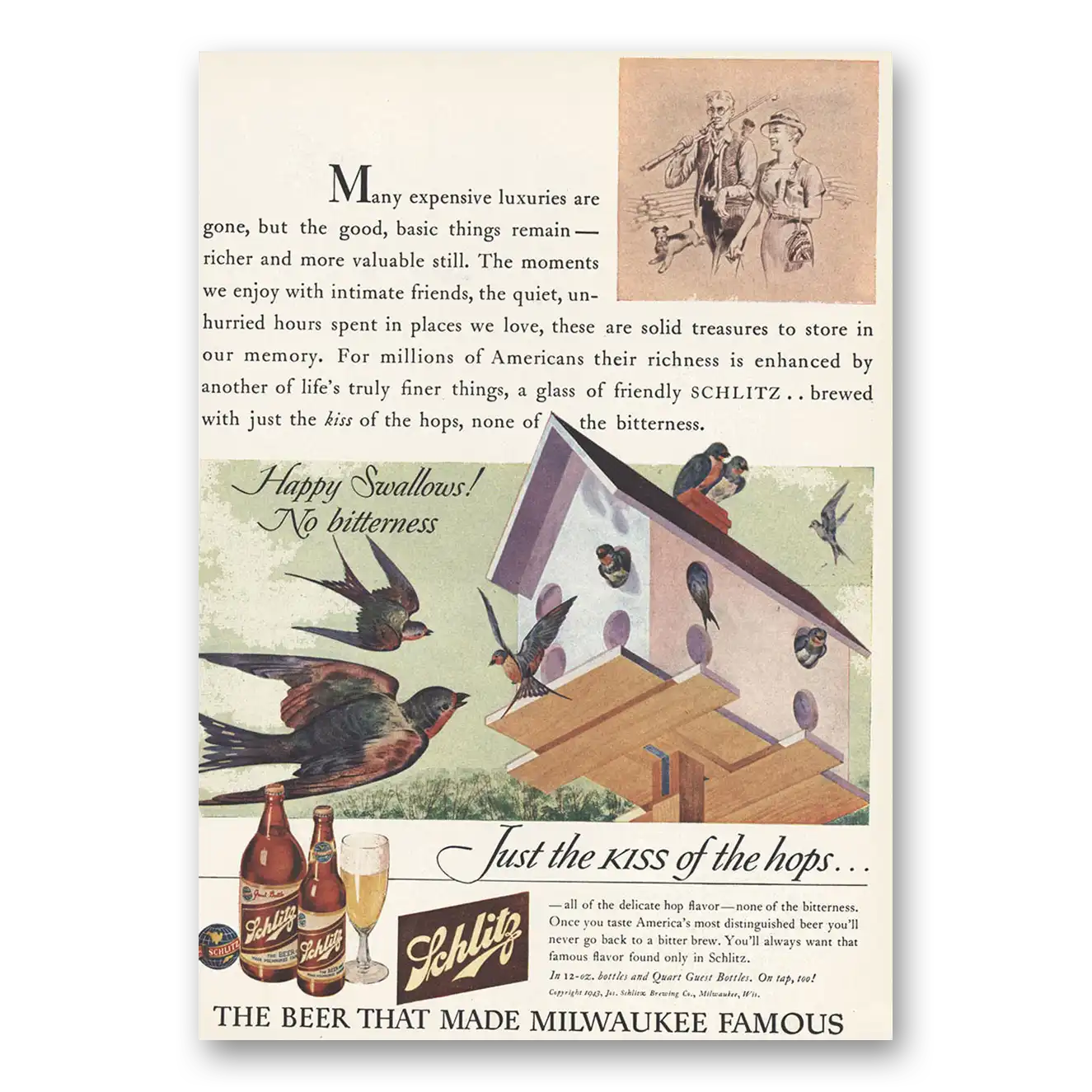 1943 Schlitz Beer Happy Swallows Vintage Magazine Print Ad