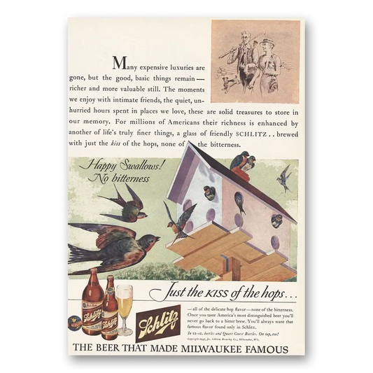 1943 Schlitz Beer Happy Swallows Vintage Magazine Print Ad