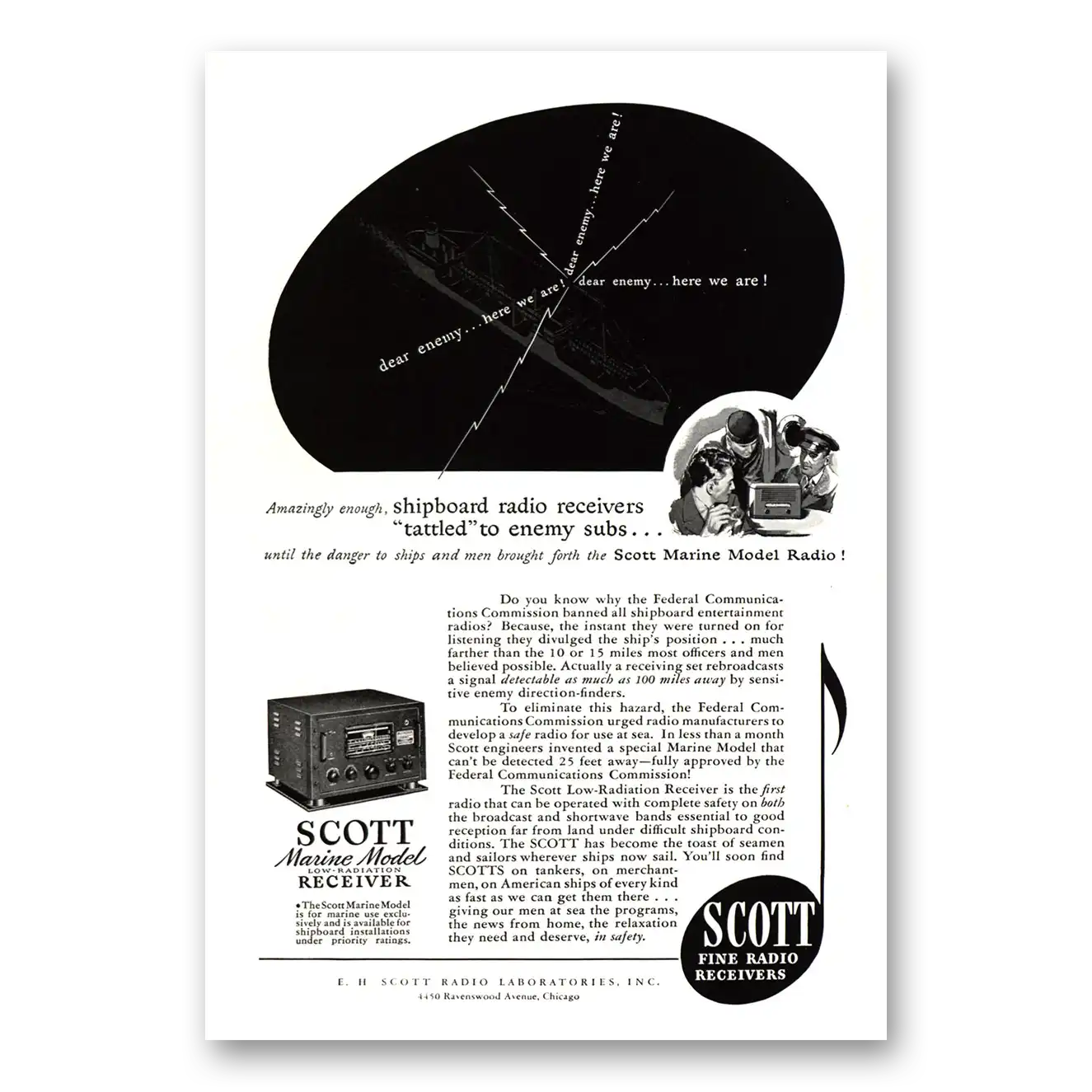 1943 Scott Radio Marine Model Radio Vintage Magazine Print Ad