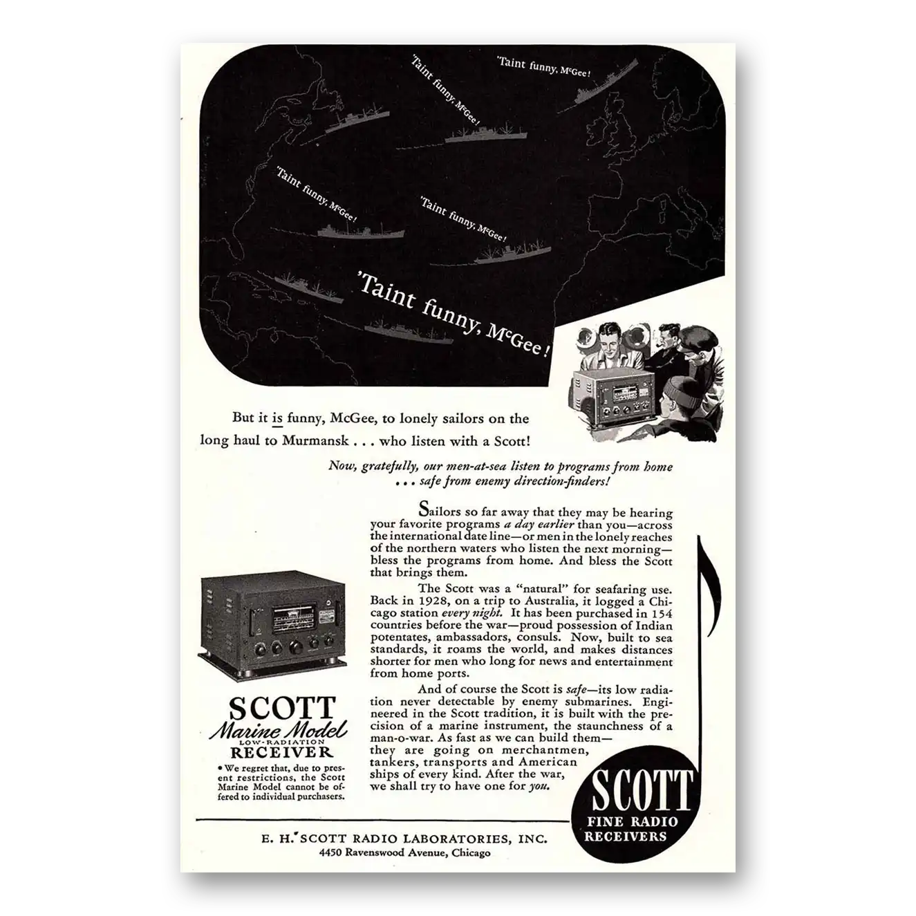 1943 Scott Radio Marine Model Receiver Murmansk Vintage Magazine Print Ad