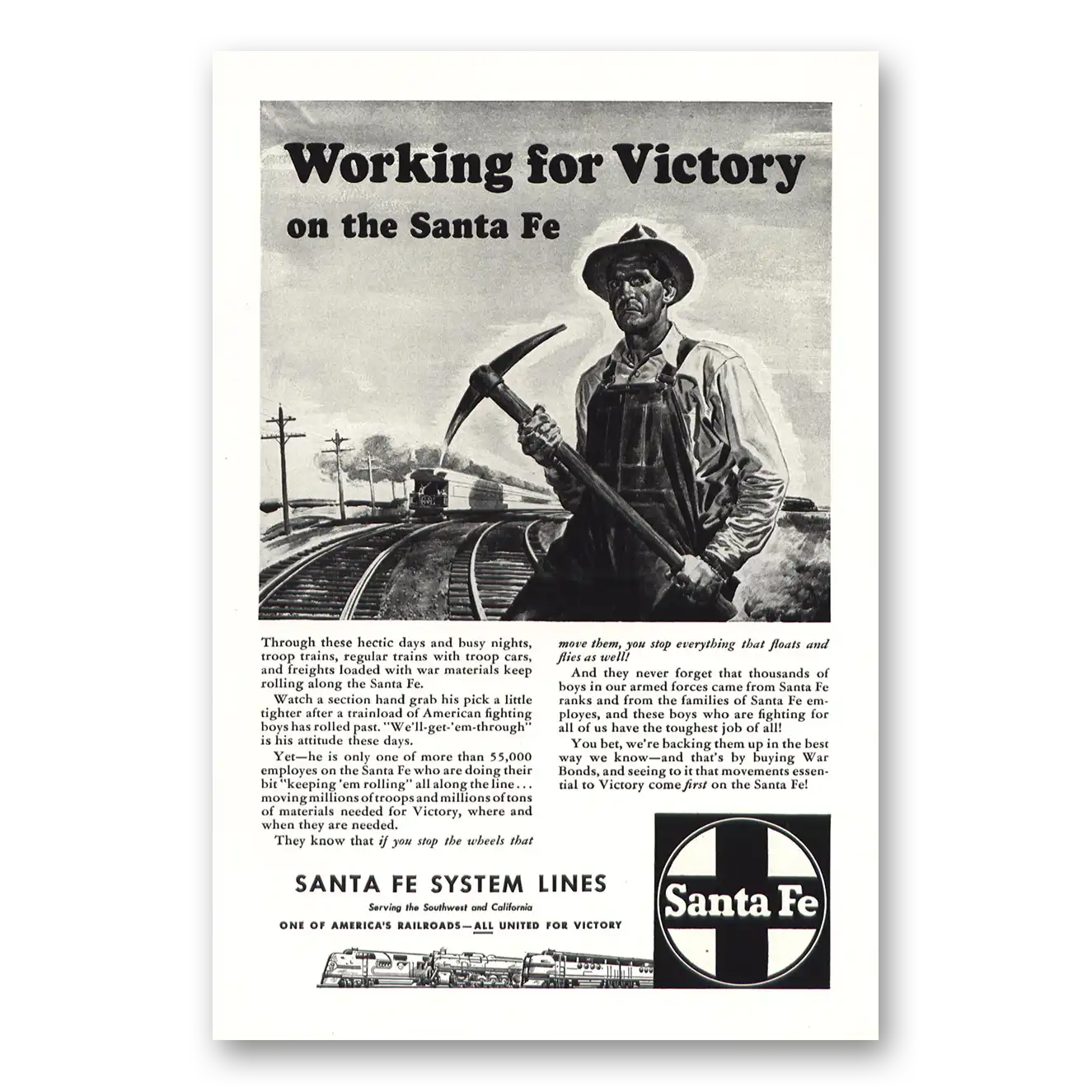 1943 Santa Fe Railway Working for Victory Vintage Magazine Print Ad