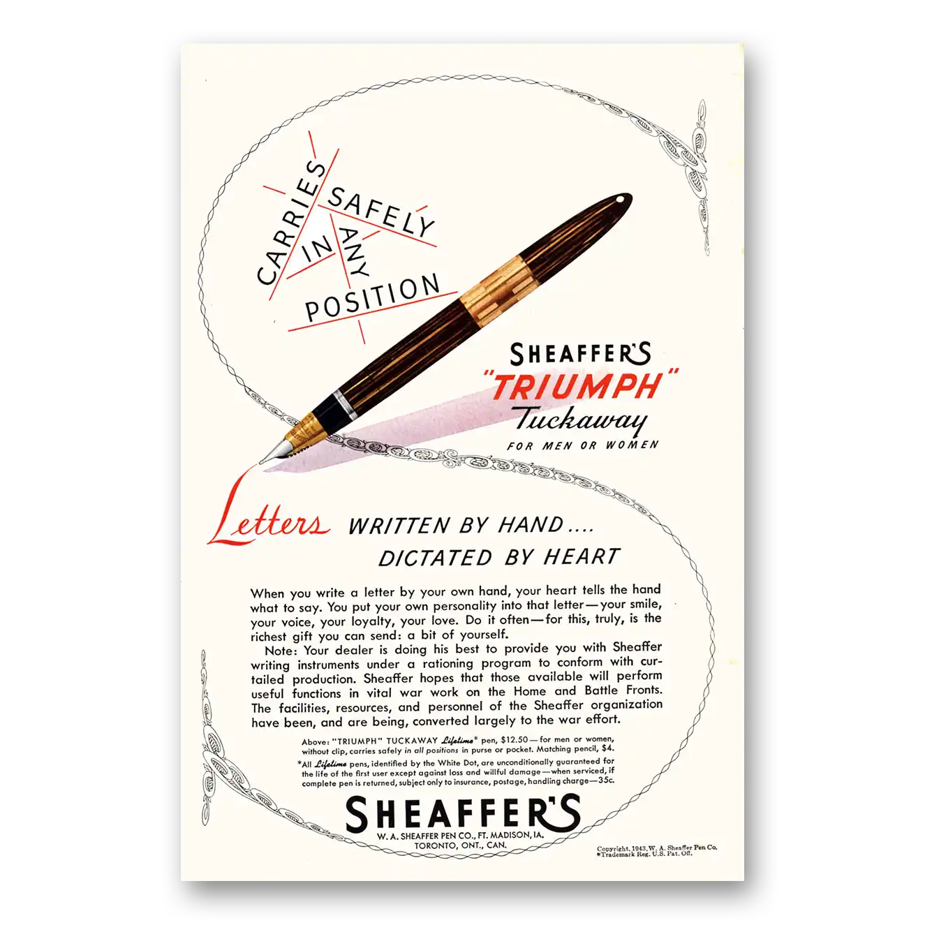 1943 Sheaffers Triumph Tuckaway Pen Letter Written By Hand Dictated By Heart Vintage Magazine Print Ad