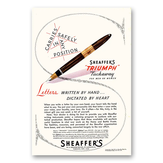 1943 Sheaffers Triumph Tuckaway Pen Letter Written By Hand Dictated By Heart Vintage Magazine Print Ad