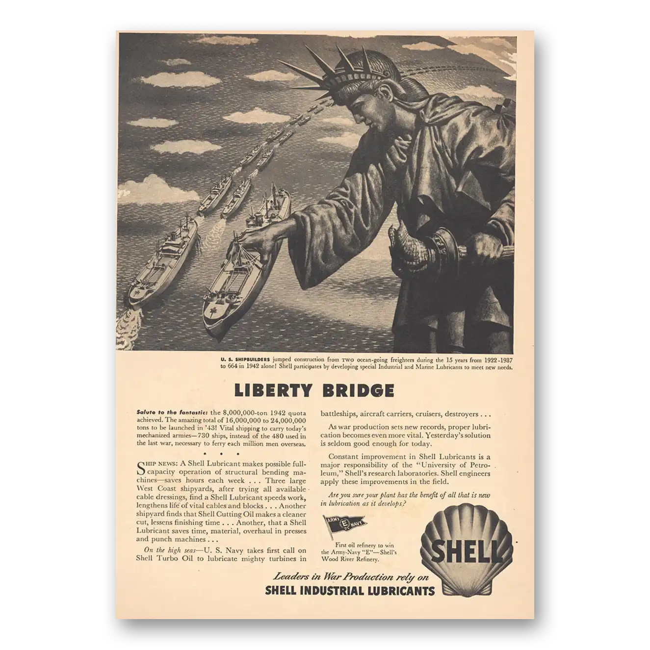 1943 Shell Lubricants Liberty Bridge Vintage Magazine Print Ad