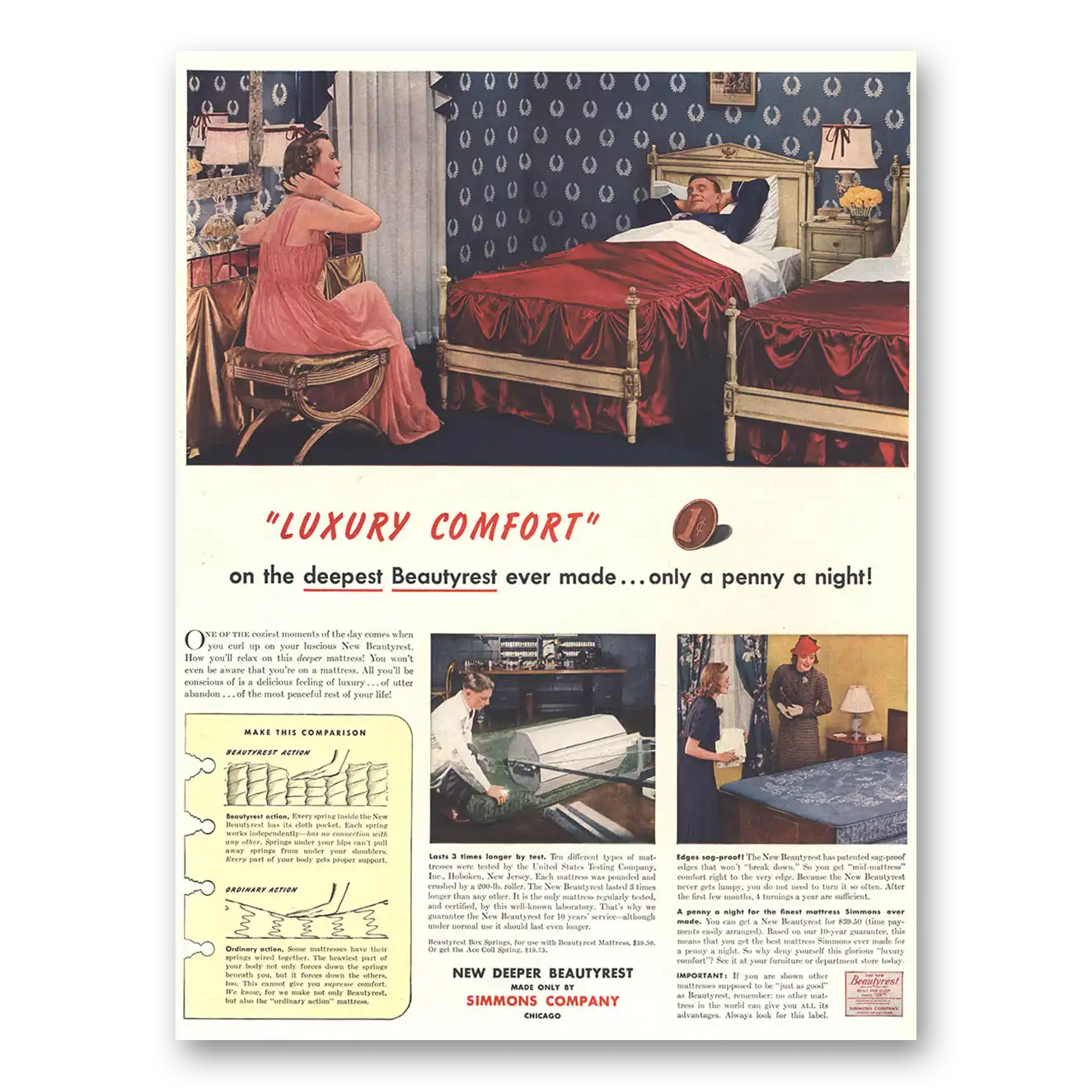 1943 Simmons Beautyrest Luxury Comfort Deepest Beautyrest Vintage Magazine Print Ad