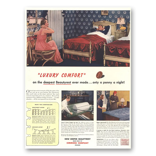 1943 Simmons Beautyrest Luxury Comfort Deepest Beautyrest Vintage Magazine Print Ad