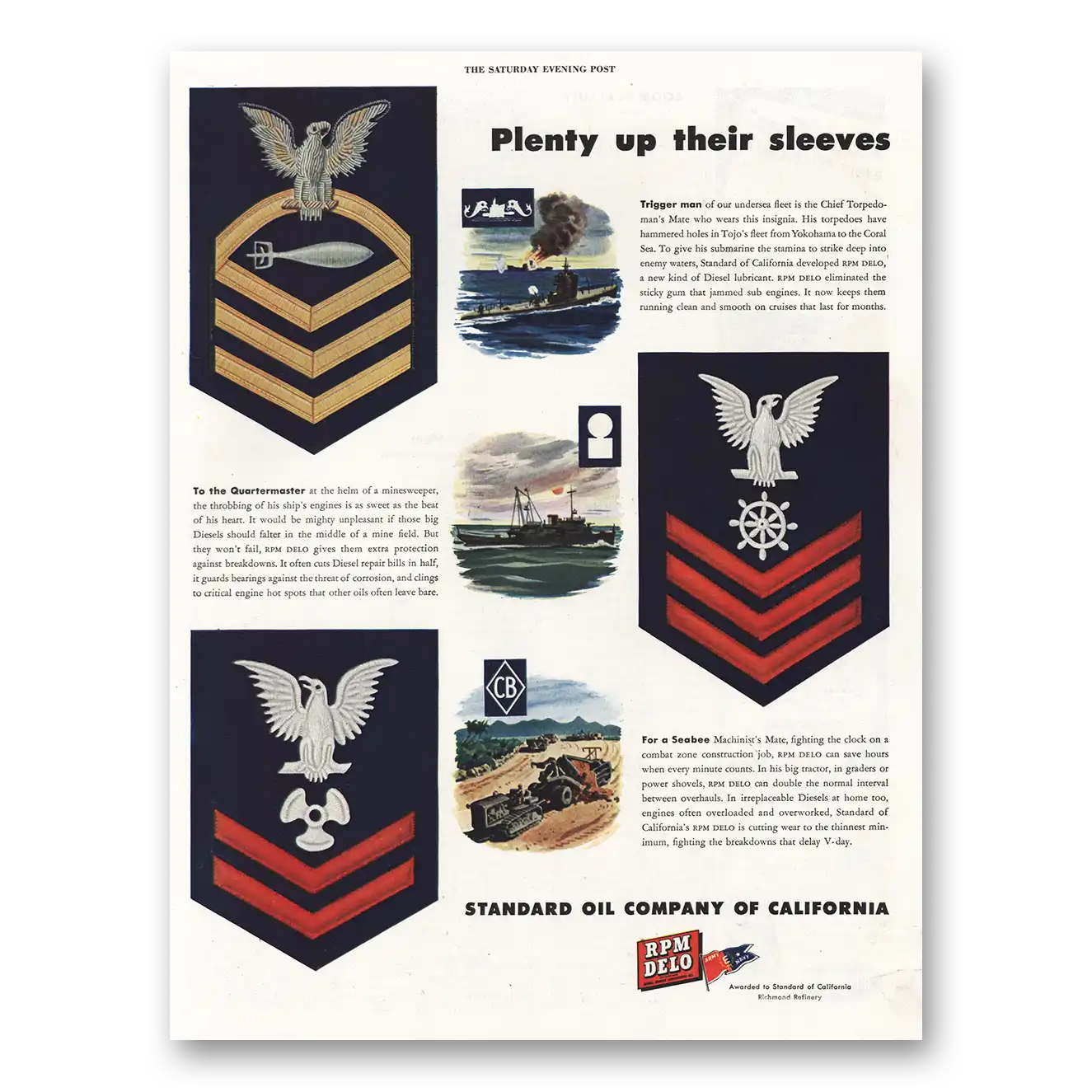 1943 Standard Oil Plenty Up Their Sleeves Vintage Magazine Print Ad