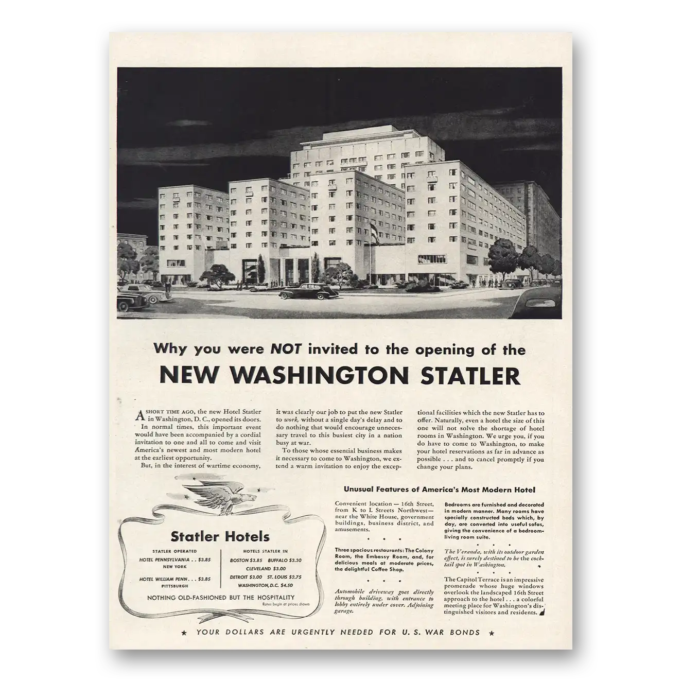 1943 Statler Hotels Washington Vintage Magazine Print Ad