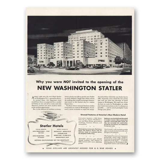 1943 Statler Hotels Washington Vintage Magazine Print Ad