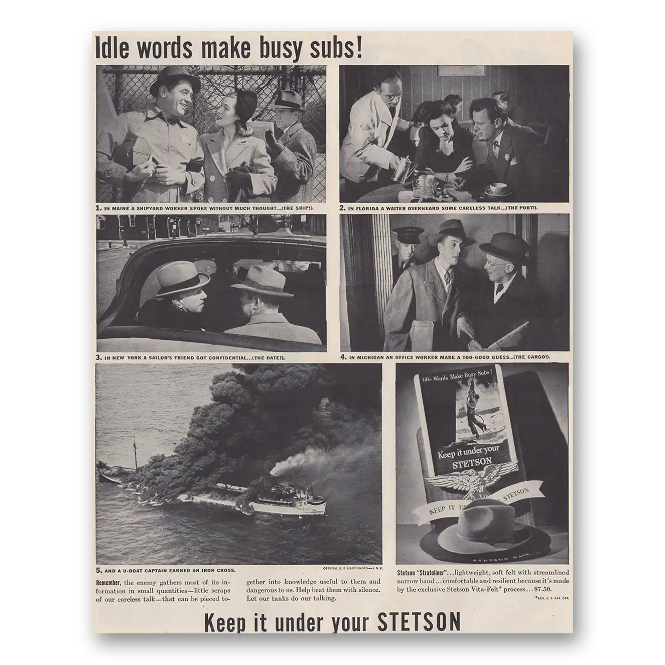 1943 Stetson Hats Idle Words Make Busy Subs Vintage Magazine Print Ad