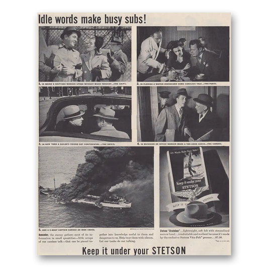 1943 Stetson Hats Idle Words Make Busy Subs Vintage Magazine Print Ad