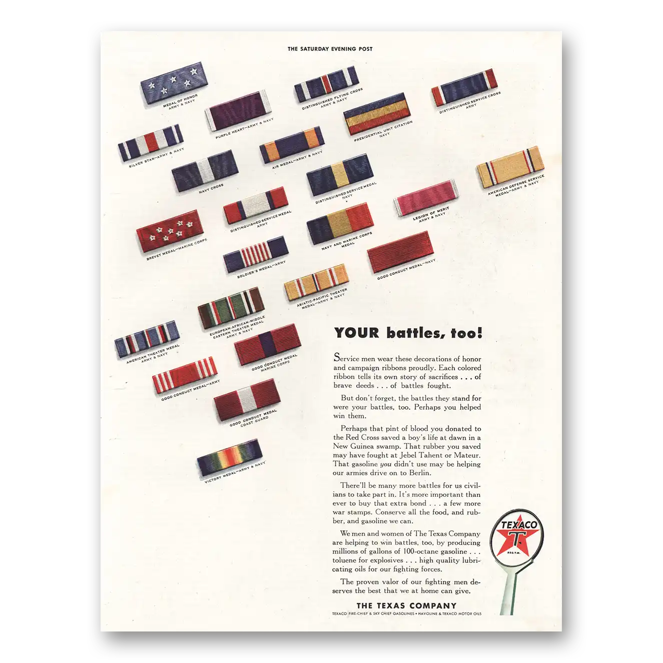 1943 Texaco Your Battles Too Vintage Magazine Print Ad