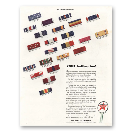 1943 Texaco Your Battles Too Vintage Magazine Print Ad