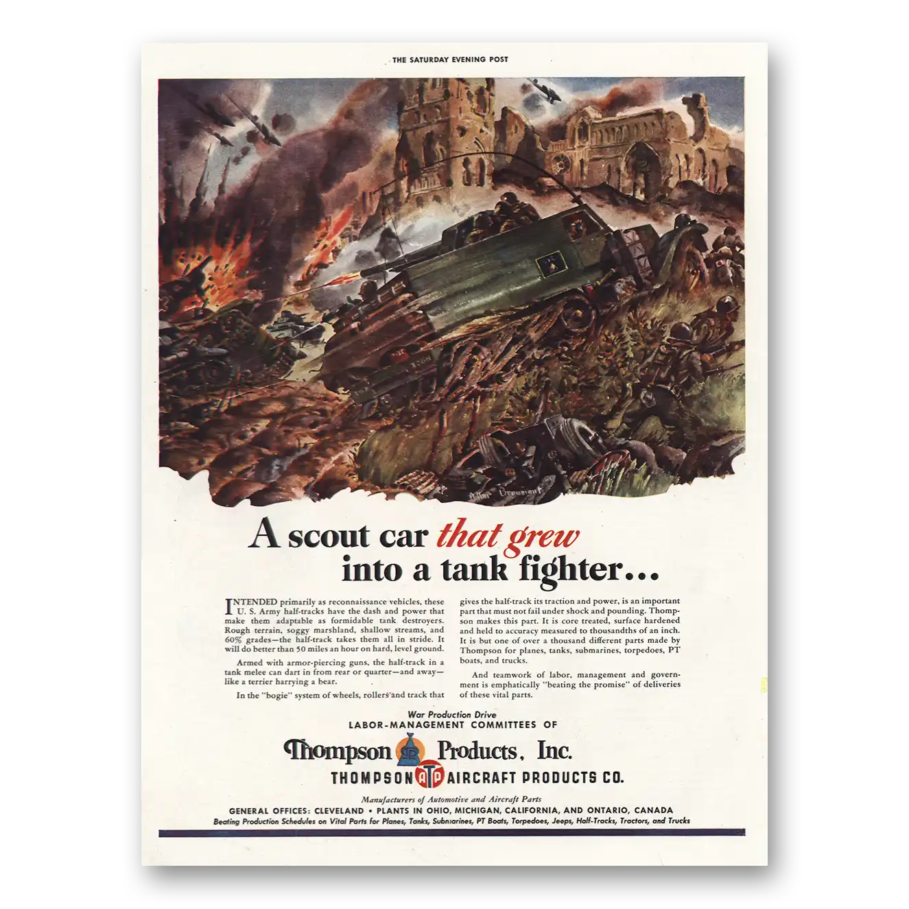 1943 Thompson Aircraft Products Scout Car Grew Into Tank Vintage Magazine Print Ad