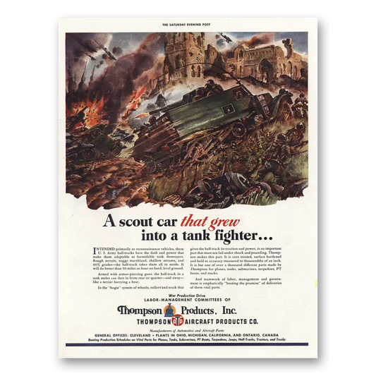 1943 Thompson Aircraft Products Scout Car Grew Into Tank Vintage Magazine Print Ad