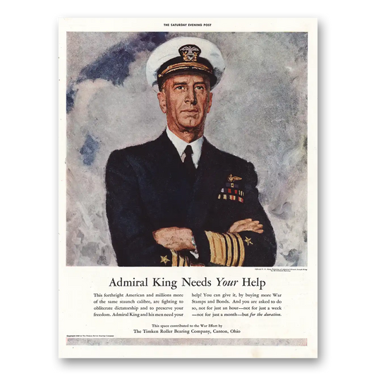 1943 Timken Roller Bearings Admiral King Needs Help Vintage Magazine Print Ad