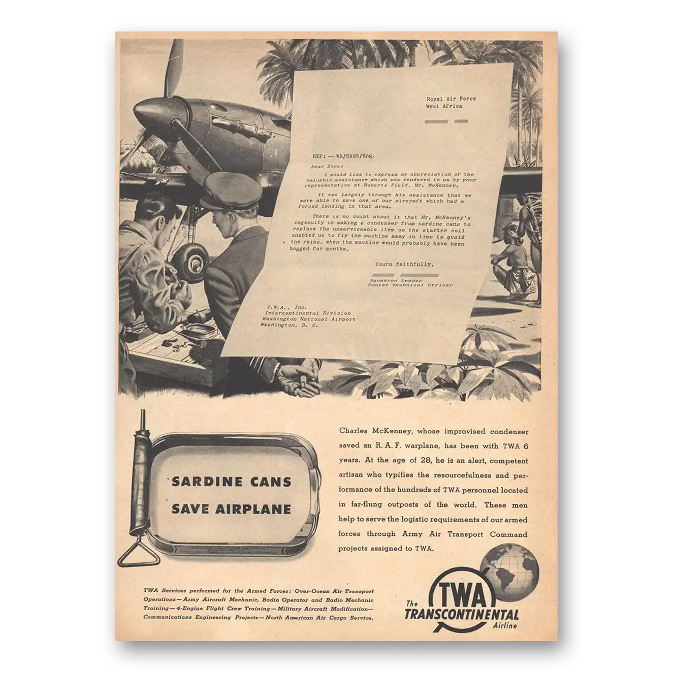 1943 TWA Airlines Sardine Cans Save Airplane Vintage Magazine Print Ad