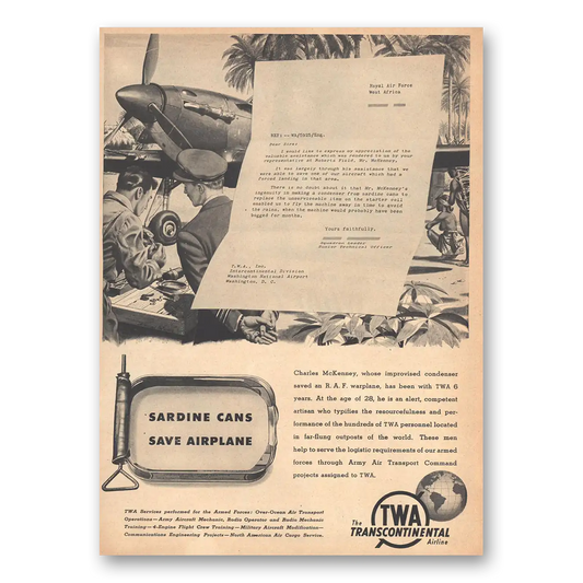 1943 TWA Airlines Sardine Cans Save Airplane Vintage Magazine Print Ad