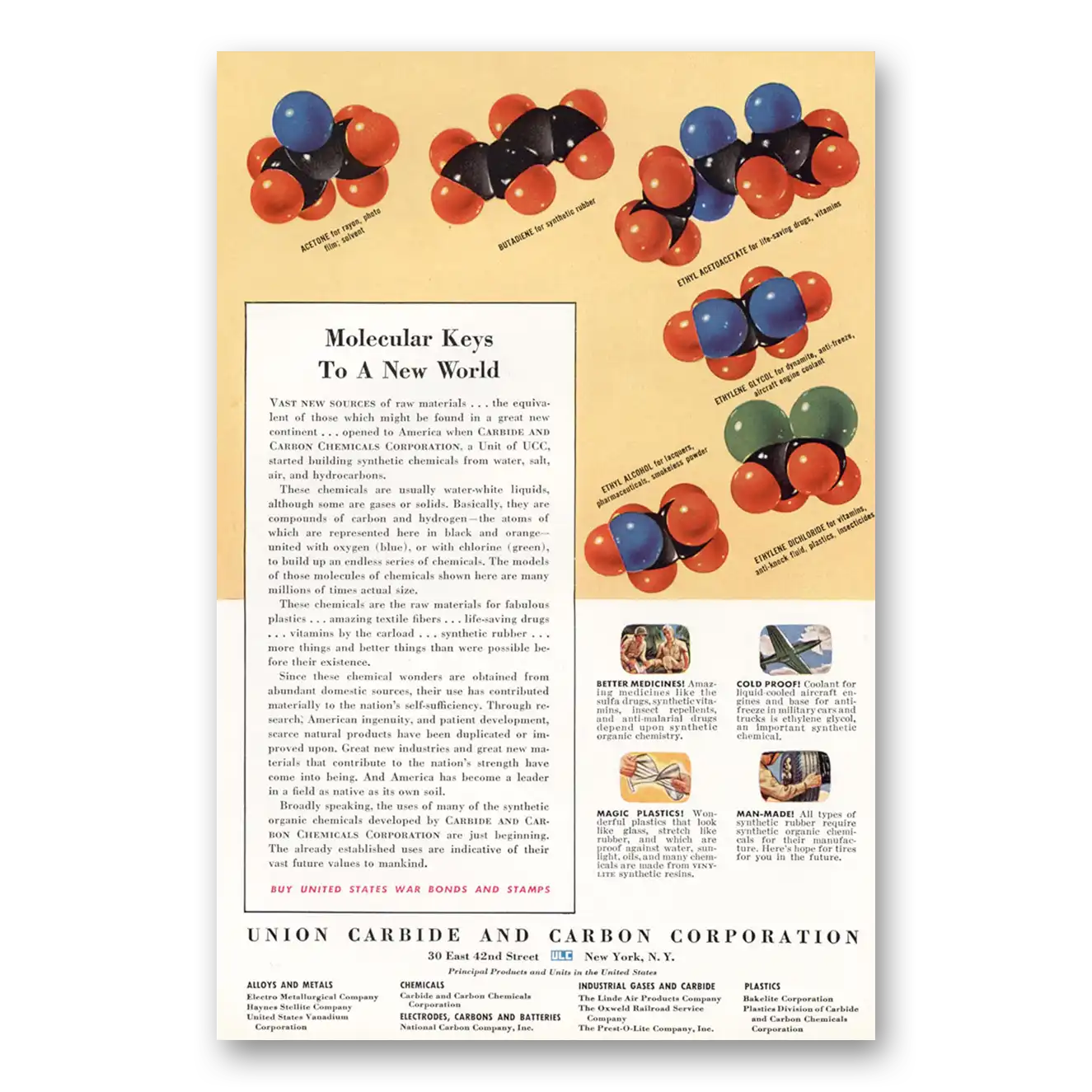 1943 Union Carbide Molecular Keys Vintage Magazine Print Ad