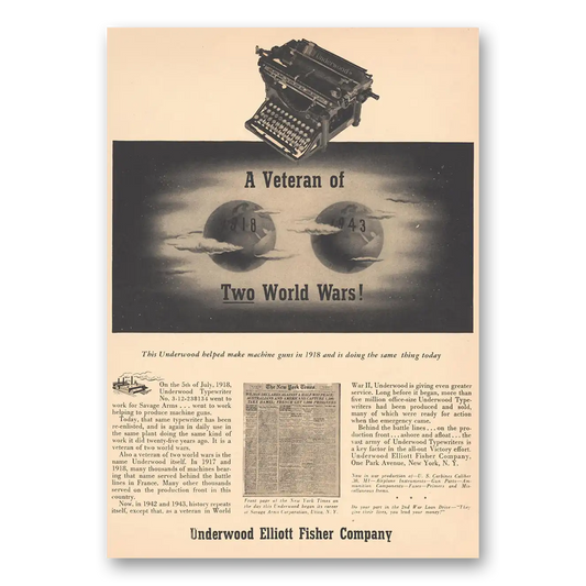 1943 Underwood Portable Typewriter Veteran of Two World Wars Vintage Magazine Print Ad