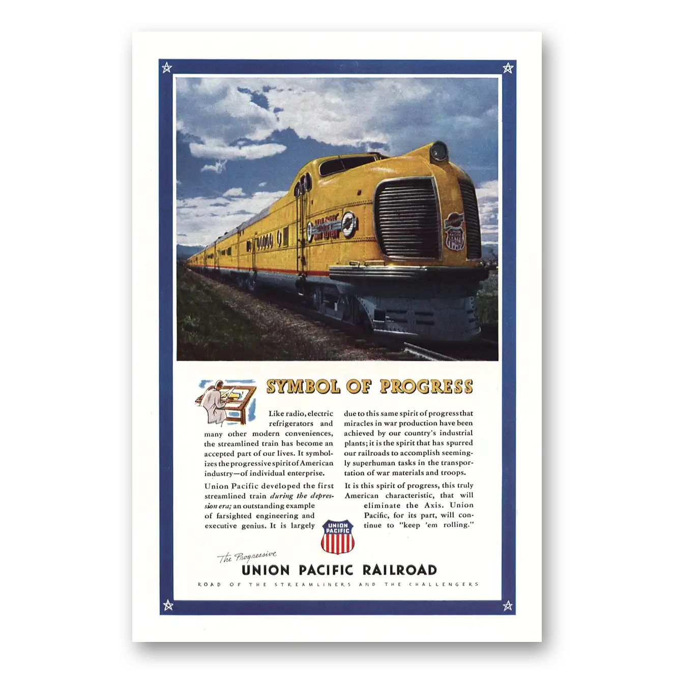 1943 Union Pacific Railroad Symbol of Progress Vintage Magazine Print Ad