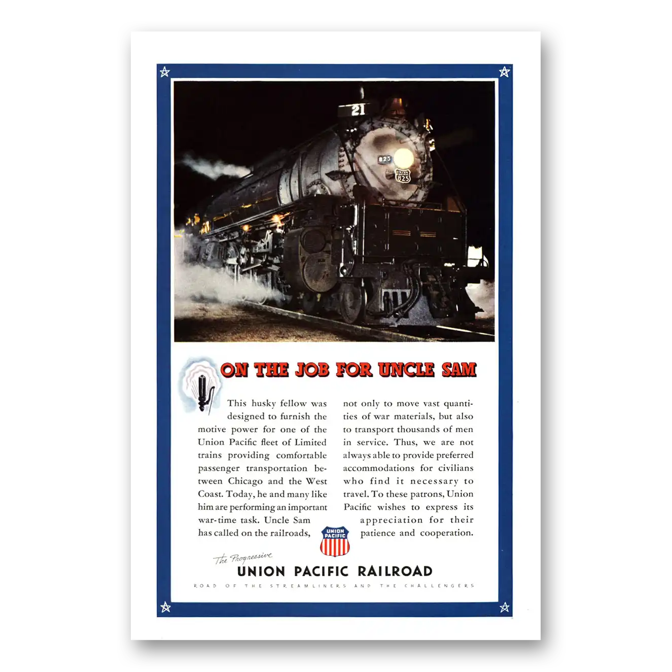 1943 Union Pacific Railroad On The Job for Uncle Sam Vintage Magazine Print Ad