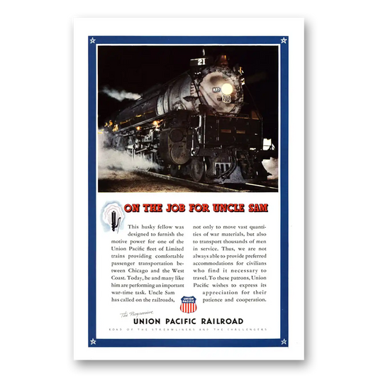 1943 Union Pacific Railroad On The Job for Uncle Sam Vintage Magazine Print Ad