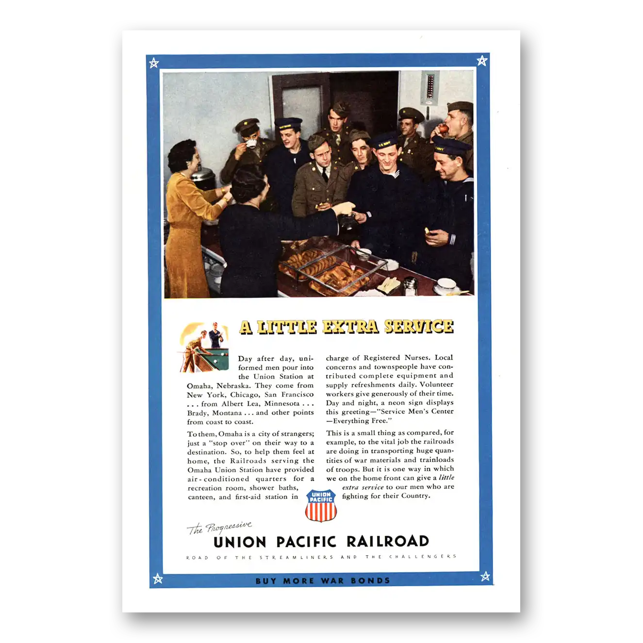 1943 Union Pacific Railroad Little Extra Service Vintage Magazine Print Ad