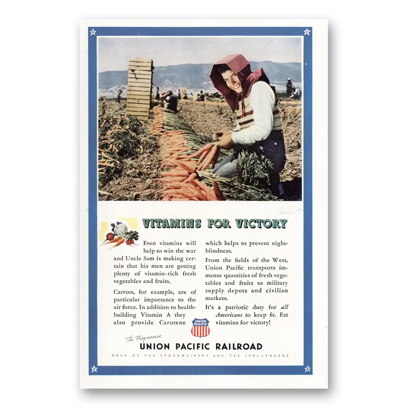 1943 Union Pacific Railroad Vitamins For Victory Vintage Magazine Print Ad