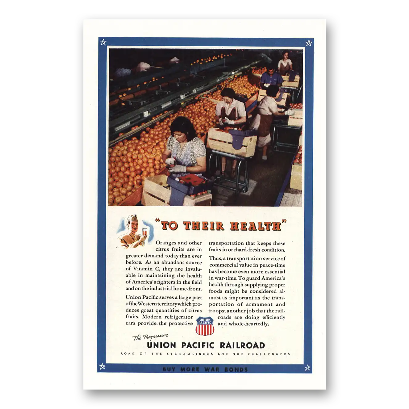 1943 Union Pacific Railroad To Their Health Oranges Vintage Magazine Print Ad