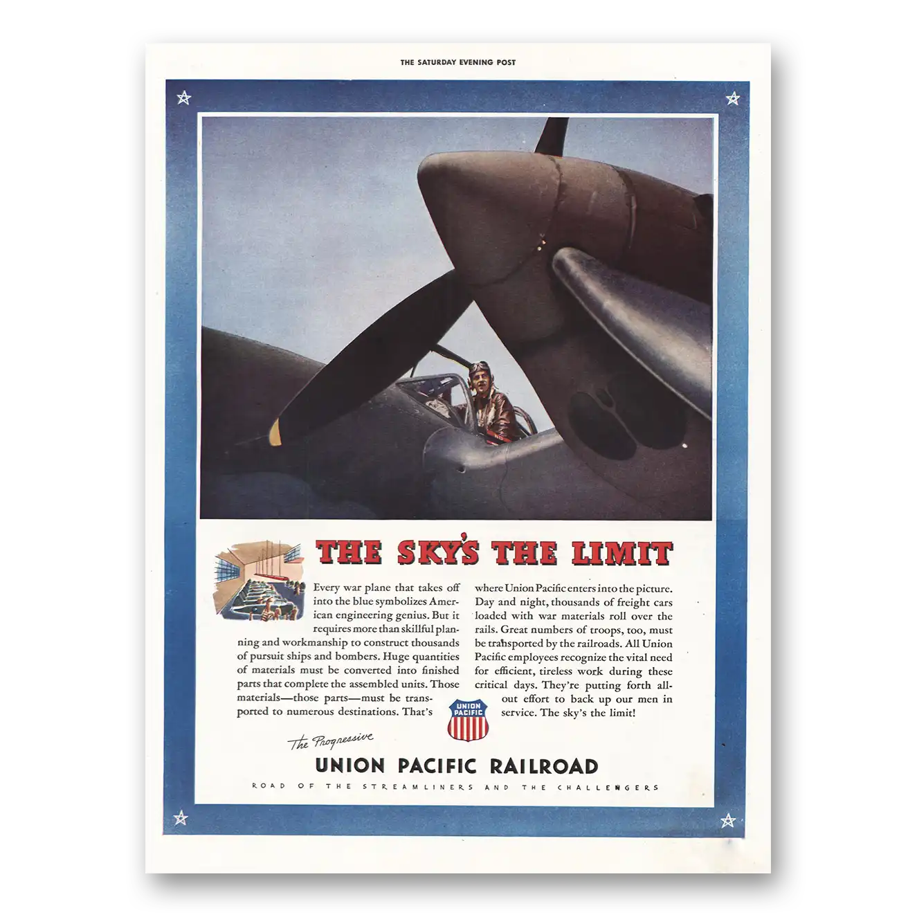 1943 Union Pacific Railroad Skys the Limit Vintage Magazine Print Ad