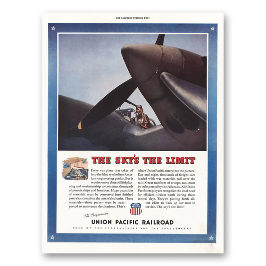 1943 Union Pacific Railroad Skys the Limit Vintage Magazine Print Ad