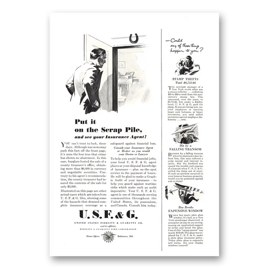 1943 USF&G Put It On the Scrap Pile Vintage Magazine Print Ad