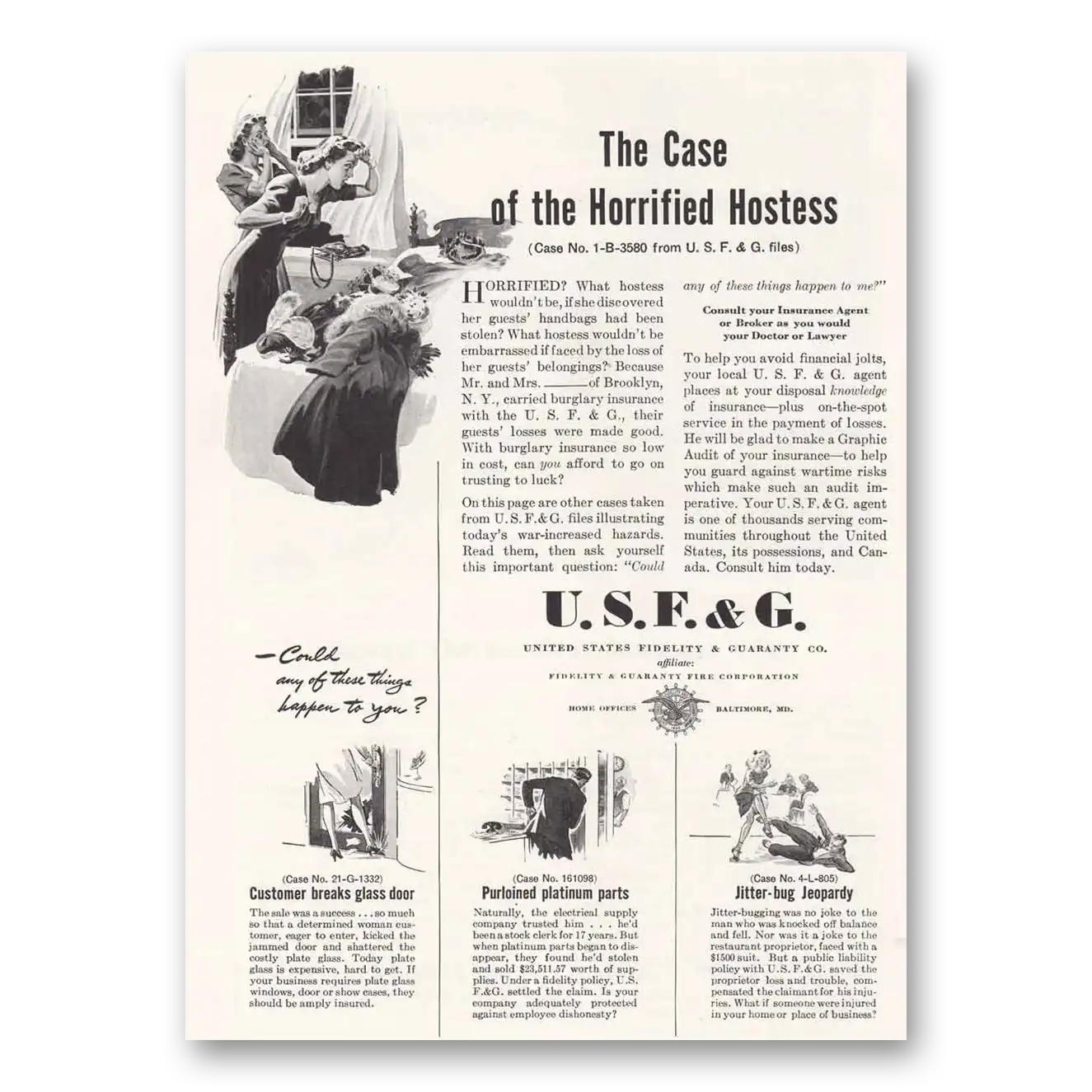 1943 USF&G Case of the Horrified Hostess Vintage Magazine Print Ad