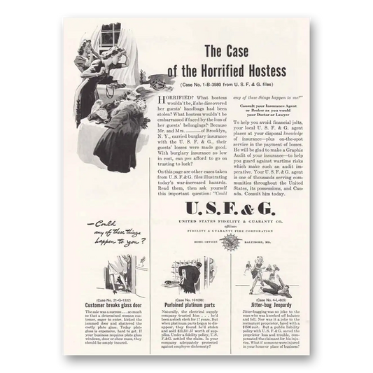 1943 USF&G Case of the Horrified Hostess Vintage Magazine Print Ad