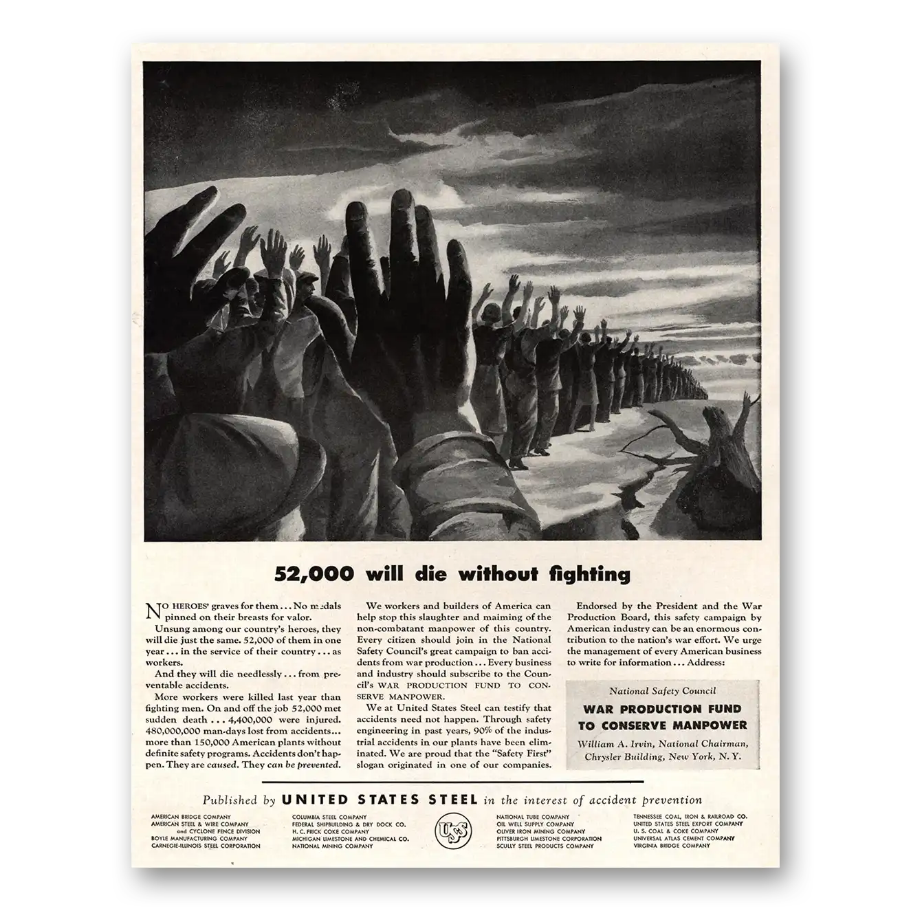 1943 United States Steel Will Die Without Fighting Vintage Magazine Print Ad