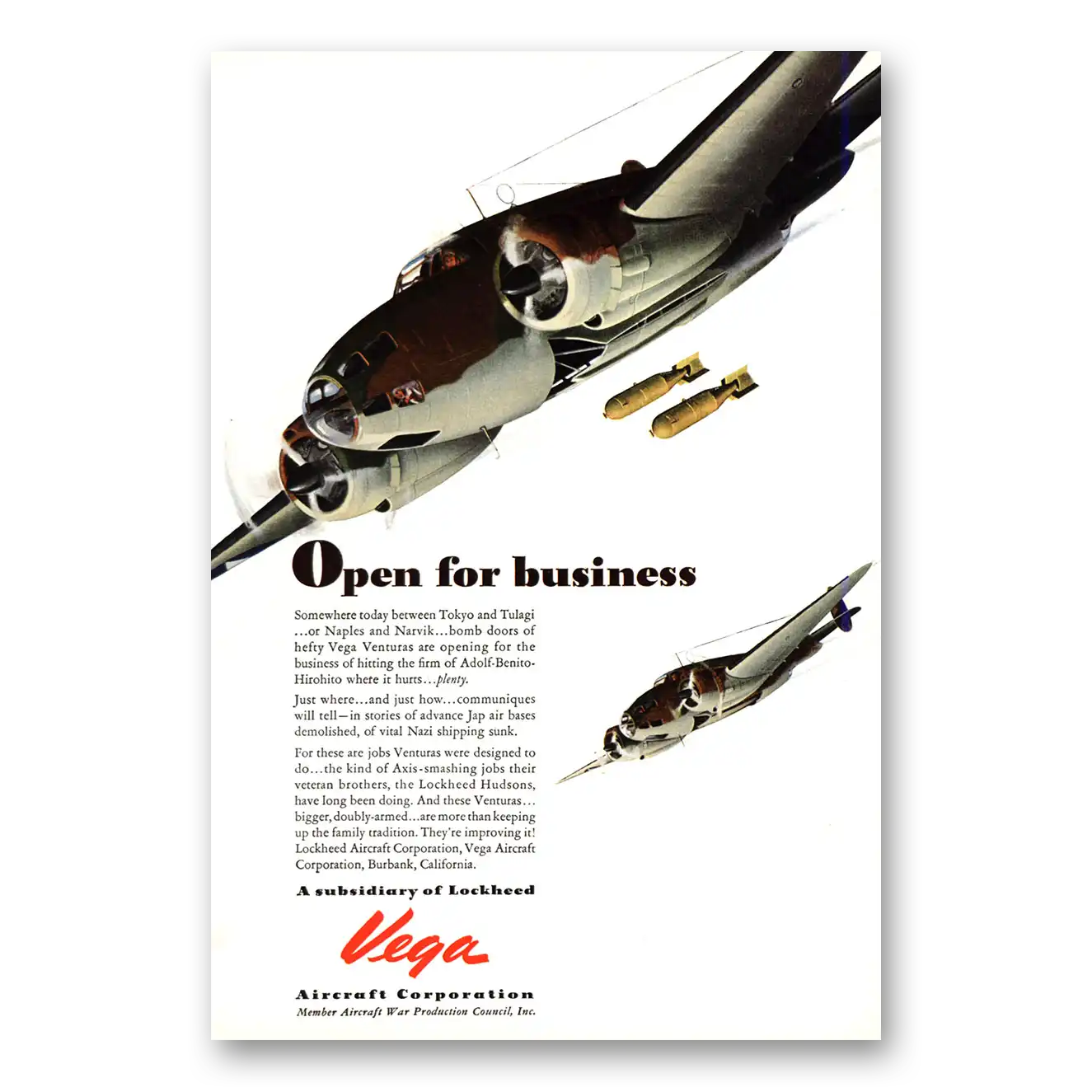 1943 Vega Aircraft Venturas Open For Business Between Tokyo and Tulagi Vintage Magazine Print Ad