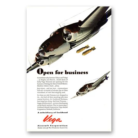 1943 Vega Aircraft Venturas Open For Business Between Tokyo and Tulagi Vintage Magazine Print Ad