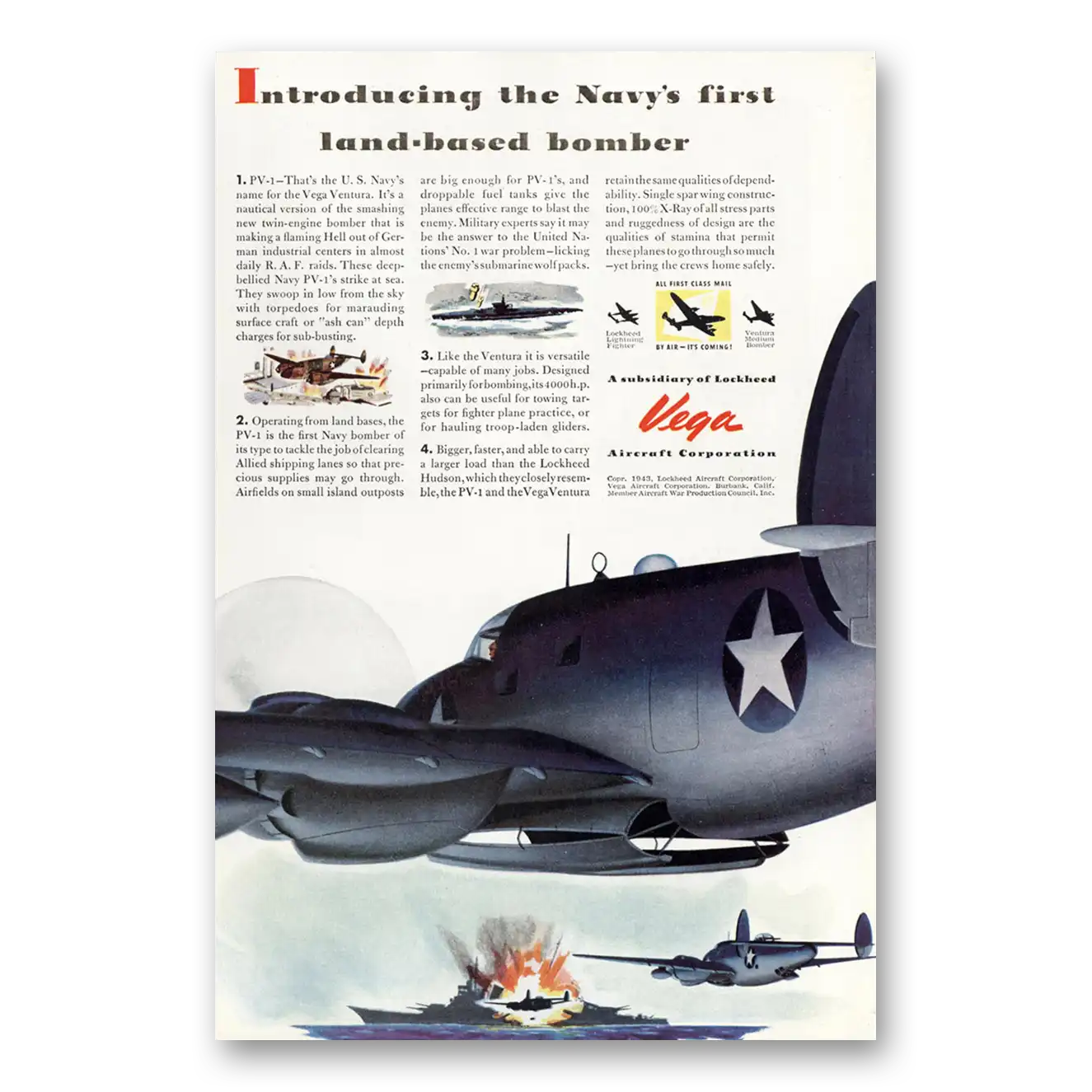 1943 Vega Aircraft Navys First Land Based Bomber Vintage Magazine Print Ad