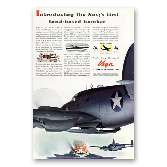 1943 Vega Aircraft Navys First Land Based Bomber Vintage Magazine Print Ad