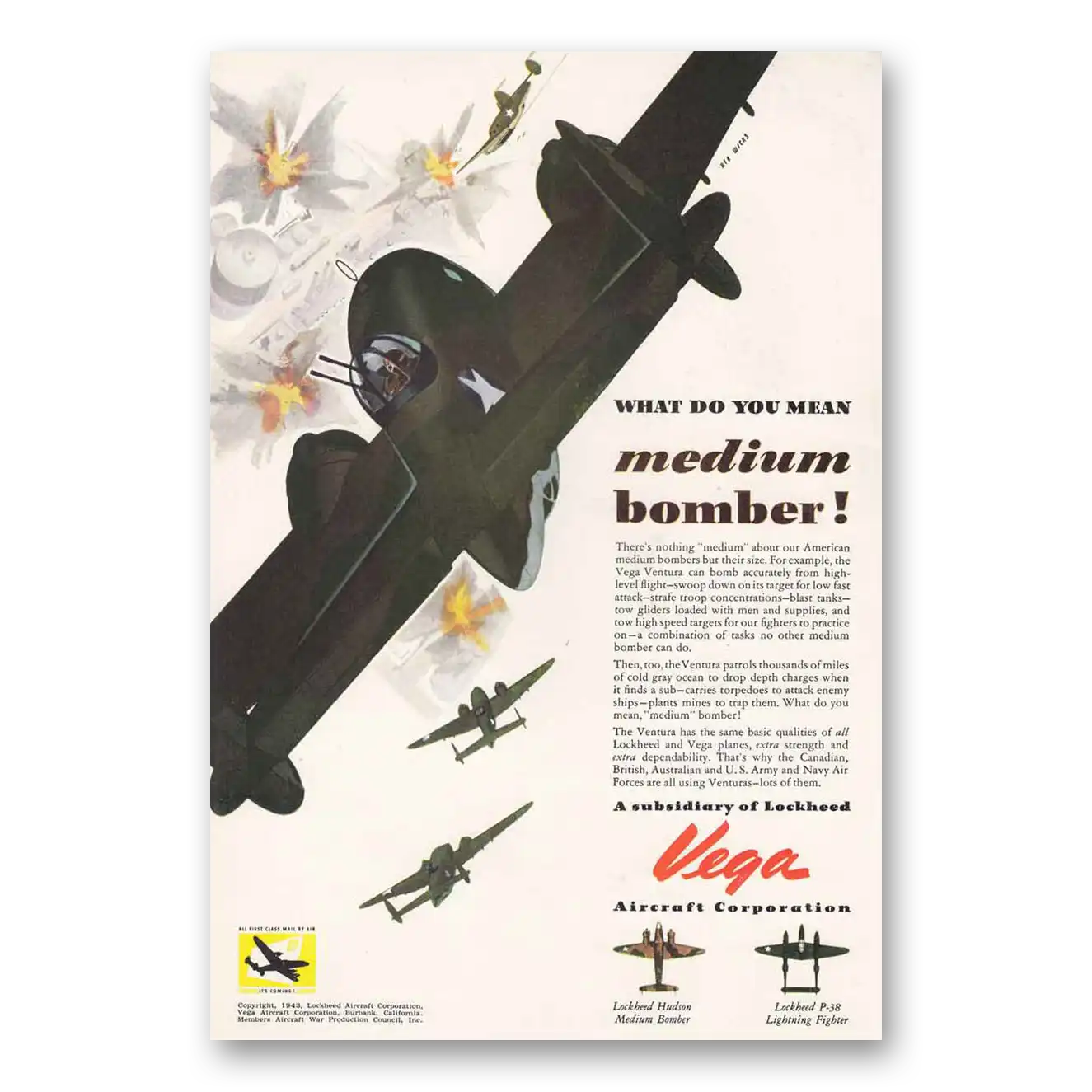 1943 Vega Aircraft Medium Bomber Lockheed Vintage Magazine Print Ad