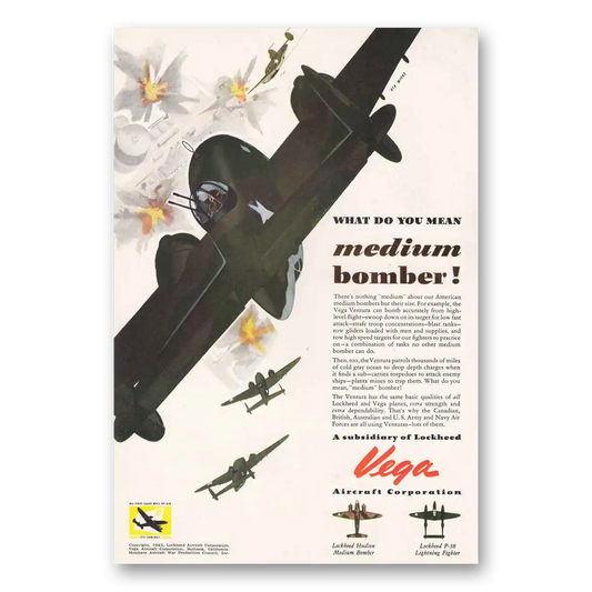 1943 Vega Aircraft Medium Bomber Lockheed Vintage Magazine Print Ad