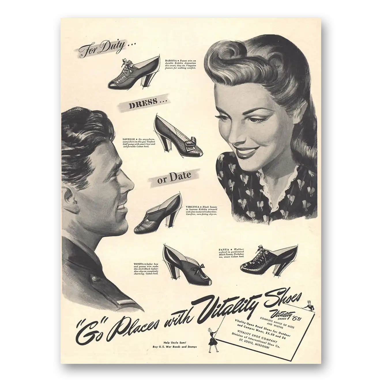 1943 Vitality Shoes For Duty Dress or Date Vintage Magazine Print Ad