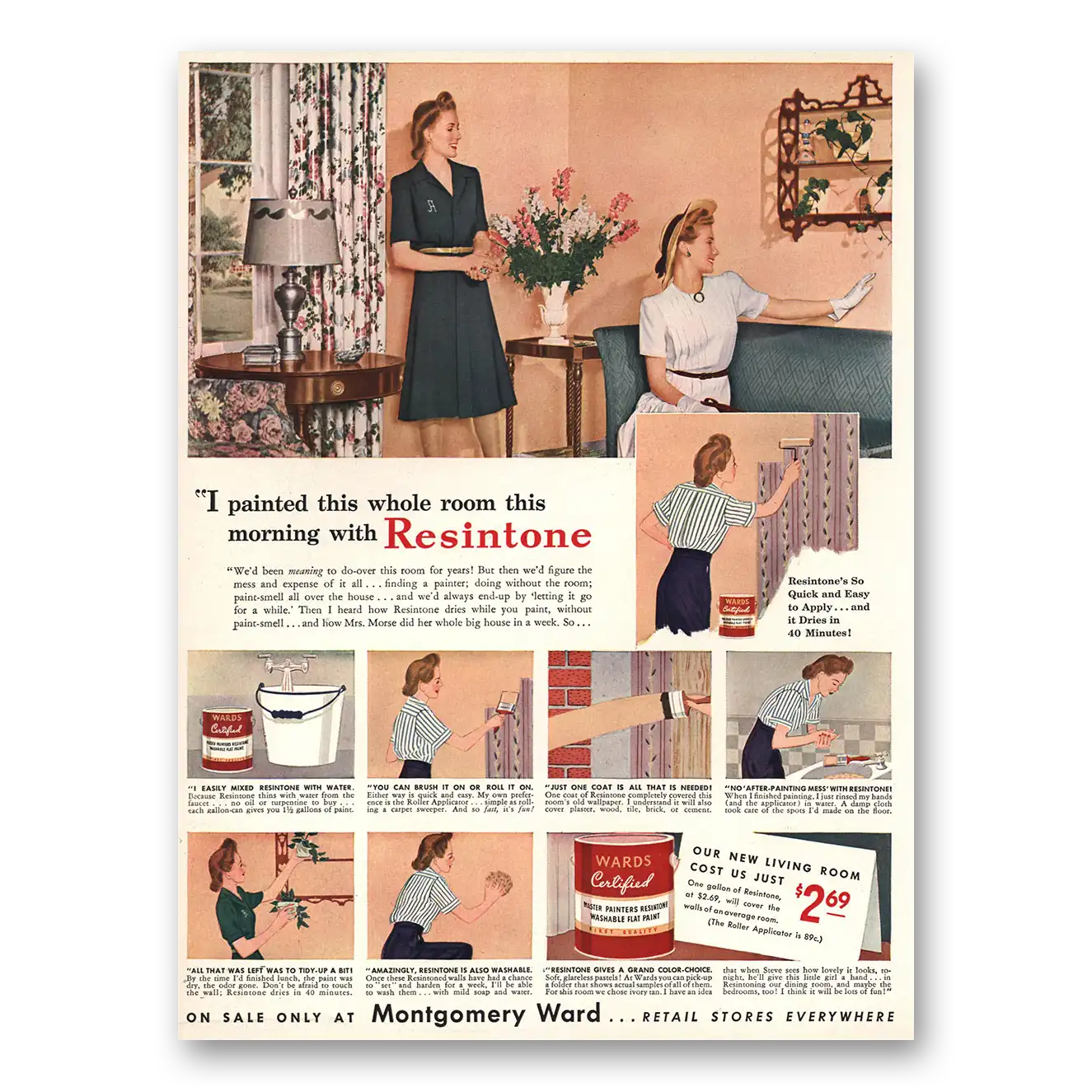 1943 Montgomery Ward Resintone Paint I Painted This Whole Room Vintage Magazine Print Ad