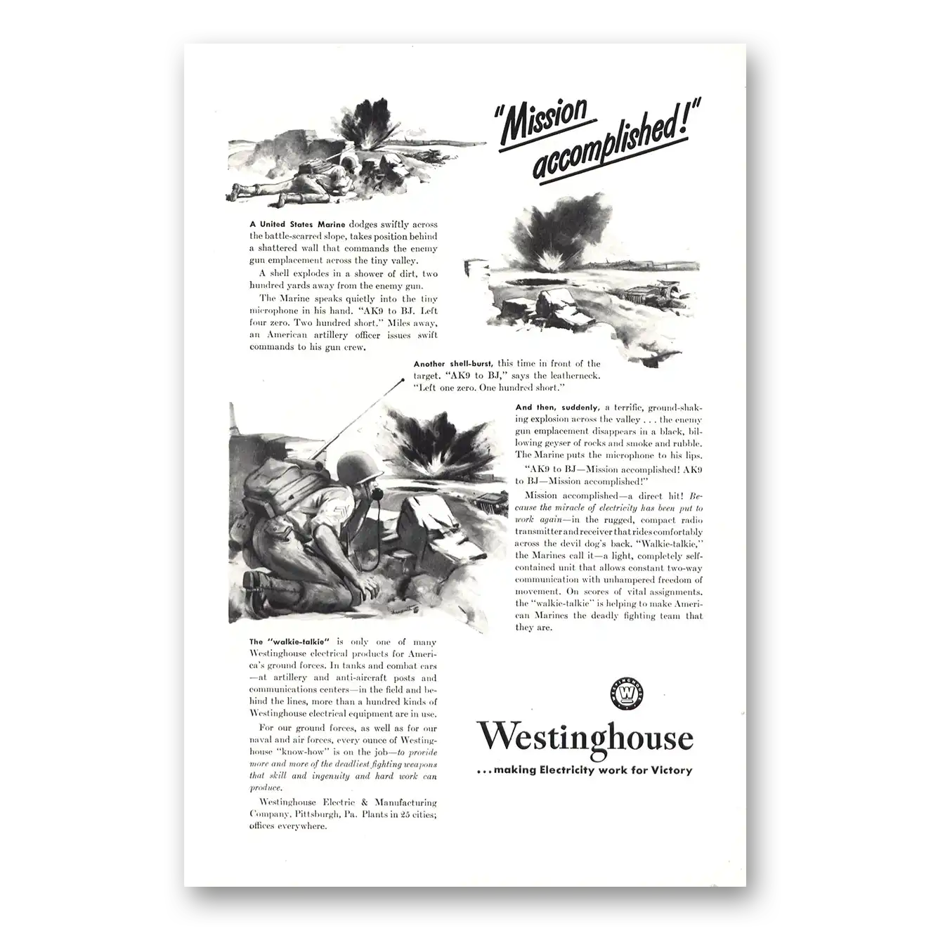 1943 Westinghouse Mission Accomplished Marines Vintage Magazine Print Ad