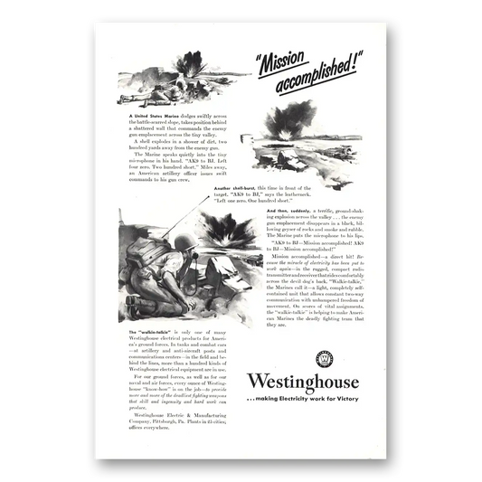 1943 Westinghouse Mission Accomplished Marines Vintage Magazine Print Ad