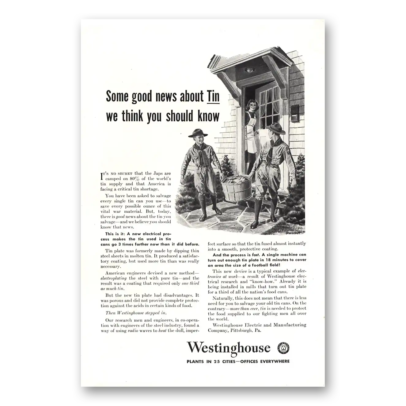 1943 Westinghouse Some Good News About Tin Vintage Magazine Print Ad