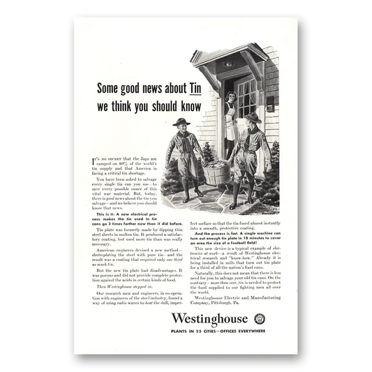 1943 Westinghouse Some Good News About Tin Vintage Magazine Print Ad