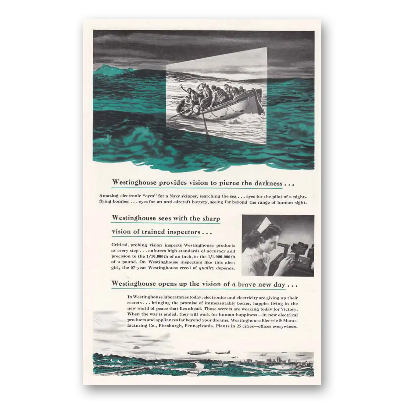 1943 Westinghouse Provides Vision to Pierce the Darkness Vintage Magazine Print Ad