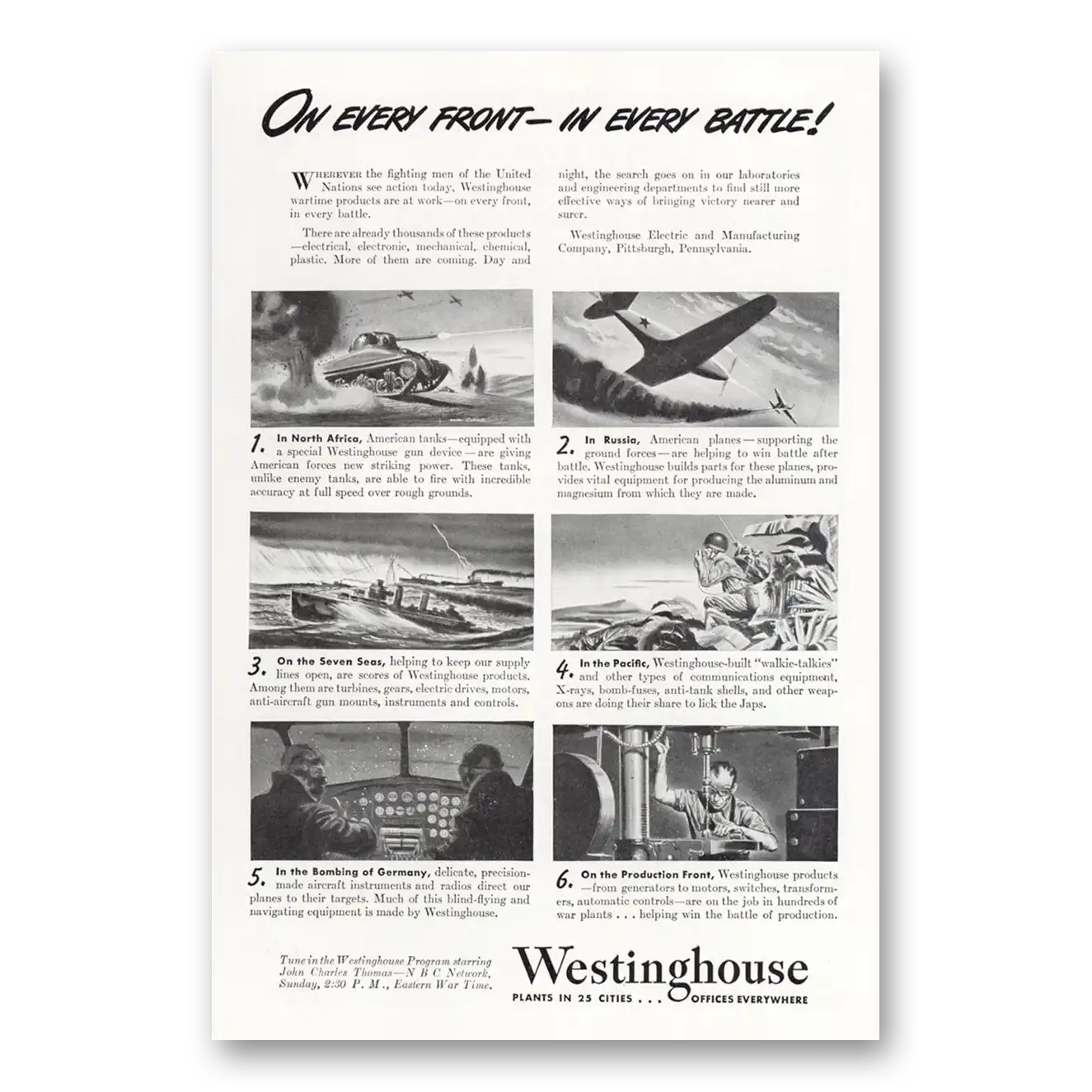 1943 Westinghouse On Every Front In Every Battle Vintage Magazine Print Ad